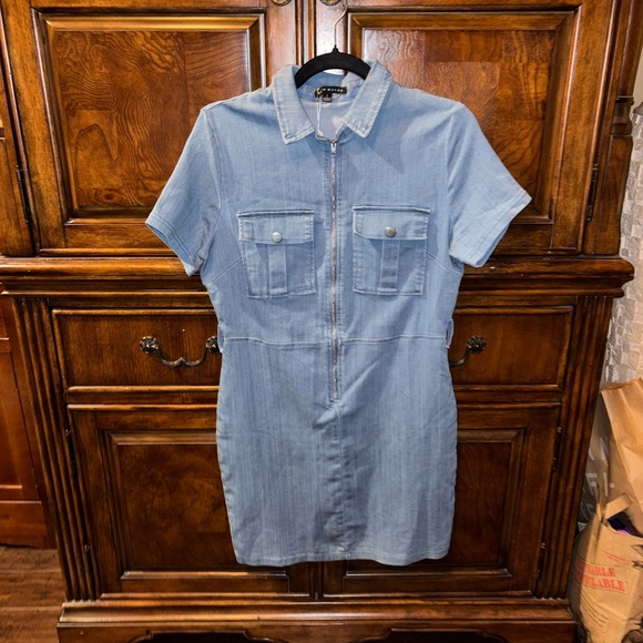 Haute Monde Faux Denim Blue Short Sleeve Dress Size L - Picture 1 of 4